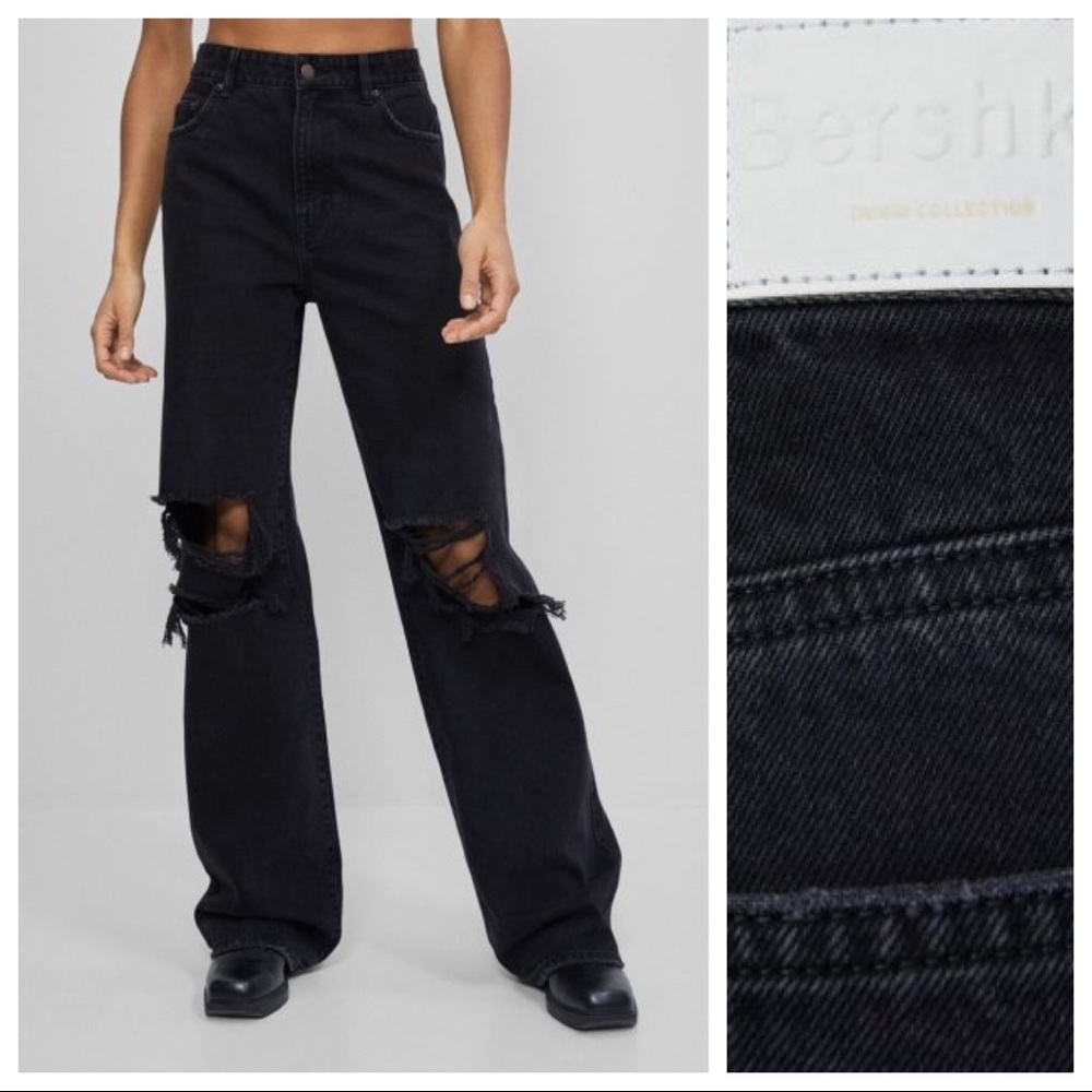 NWT. Bershka Black Wide Leg 90s Jeans With Knee Rip. Size 6,8.